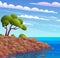 Seashore landscape background in flat cartoon. Sea beach with exotic green trees, rocky cliffs