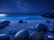 Seashore with starry sky, white beach, sparkling blue stones on the beach at night