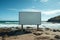 Seashore statement Unfilled billboard contrasting with sea expanse on sandy beach