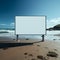 Seashore statement Unfilled billboard contrasting with sea expanse on sandy beach