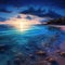 Seashore at sunset with blue bioluminescent water