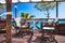 Seaside balcony with wooden furniture