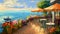 Seaside cafe or restaurant with view over the sea, tables, nobody, AI generative illustration