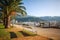 Seaside coast street harbor with yachts in sunny summer day, Budva