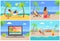 Seaside and Distant Work Set Vector Illustration