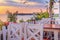 Seaside landscape - the cafe on the embankment view of the Old Town of Nesebar