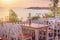 Seaside landscape - the cafe on the embankment view of the Old Town of Nesebar