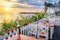 Seaside landscape - the cafe on the embankment view of the Old Town of Nesebar