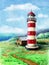 Seaside landscape with lighthouse. watercolor painting of lighthouse at seashore. seascape with red striped beacon on cliff,