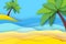 Seaside landscape in paper cut style. Nobody under the green palm trees on Seashore. Time to travel. Tropical beach