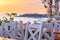 Seaside landscape at sunrise - the cafe on the embankment view of the Old Town of Nesebar