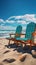 Seaside leisure Chairs on sandy beach beneath blue sky and sunny radiance