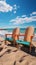 Seaside leisure Chairs on sandy beach beneath blue sky and sunny radiance