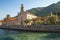 Seaside Prcanj town and St. Nicholas Church. Kotor Bay of Adriatic Sea, Montenegro