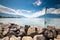 Seaside promenade in Vevey town near Montreux with Swiss Alps in background, Switzerland, Europe