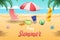 Seaside relax vector banner template. Water sports tools, scuba diving, surfing equipment on sandy beach. Seashells