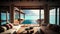 Seaside Serenity: AI Generated Resort Illustration with Beautiful Sea View, Luxurious Living Room, and Stunning Swimming Pool -