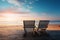 Seaside serenity Bench on beach at golden sunset, tranquil beauty