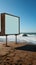 Seaside serenity Empty billboard stands against tranquil ocean backdrop on sandy shore