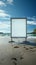 Seaside serenity Empty billboard stands against tranquil ocean backdrop on sandy shore