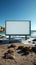 Seaside serenity Empty billboard stands against tranquil ocean backdrop on sandy shore