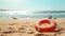 Seaside serenity: A lifebuoy drifting on a sunlit beach, surrounded by the warmth of golden sands and soothing waves