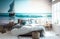 Seaside style bedroom with painting. White walls. A large bed. Real estate. Renovation company. Home improvement. Home enhancement