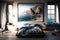 Seaside style bedroom with painting. White walls. A large bed. Sea in the background. Real estate. Renovation company. Home improv