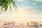 Seaside summer beach with starfish, shells, coral on sandbar and blur sea background