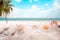 Seaside summer beach with starfish, shells, coral on sandbar and blur sea background.