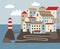 Seaside town on the rocks with a lighthouse. City building panorama vector illustration. Urban landscape.