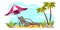 Seaside vacation flat vector illustration. Empty beach with umbrella, sun lounger on hot sand. Traveling in exotic