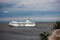 Seaside view of the cruise ship ferry Tallink Silja Line moored at a stone pier in the port of Visby.