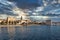 Seaside view of the town of Split, Croatia. Riviera with trees and the old town with the saint dominus cathedral belltower peeking