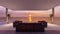 Seaside wooden indoor balcony deck with sofa furniture and beautiful sea view on sunset, 3d rendering