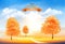 Season autumn background with gold trees and sunset sky with transparent clouds.