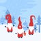 Season Greetings. Vector Christmas card with cute little Gnomes in winter wood.