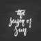 The season of sun - hand drawn holiday lettering phrase isolated on the black chalkboard background. Fun brush ink