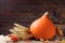 Seasonal autumn background with pumpkin decorated with fall leafs and wheat. Harvest time.