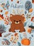 Seasonal autumn banner, with wildlife, colorful mushroom, trees, leafage and cute bear. Banners Ideal for web, harvest