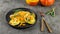 Seasonal autumn recipe. Pumpkin ravioli with sage, parmesan, and olive oil.