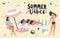 Seasonal card template with women dressed in swimwear sunbathing on beach and Summer Vibes phrase handwritten with