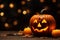 Seasonal centerpiece Halloween pumpkin lantern on wood background exudes autumn enchantment