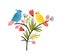 Seasonal composition with pair of lovely cute birds sitting on branch with blooming spring flowers and leaves