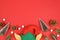 Seasonal flat lay with Christmas elf hat and ears, snall pine trees and cones and white snowballs at bottom and empty copy space o