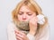 Seasonal flu concept. Woman feels badly. How to bring fever down. Fever symptoms and causes. Sick girl with fever. Girl
