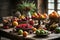 Seasonal fruits and vegetables arranged on rustic wooden table
