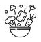 Seasonal menu icon in outline style. Cauliflower, peppers, carrots, vegetables fall into the bowl. Parsley, celery and