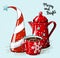 Seasonal motive, abstract christmas tree. red cup of coffee and vintage tea pot, with text Merry and Bright, vector