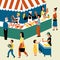 Seasonal outdoor market, street food festival. Buyers and sellers on marketplace. Cartoon vector flat illustration